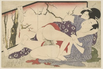 Coppia che si bacia accanto a uno schermo da Kitagawa Utamaro