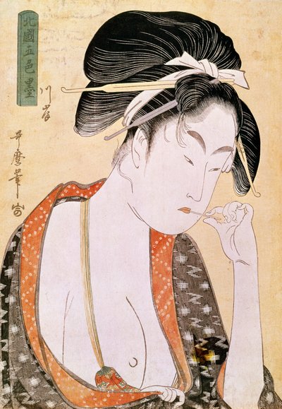 Donna che desidera le labbra (stampa giapponese) di Utamaro Kitagawa (1753-1806). XVIII secolo. Parigi, Museo Guimet, Museo delle Arti Asiatiche da Kitagawa Utamaro