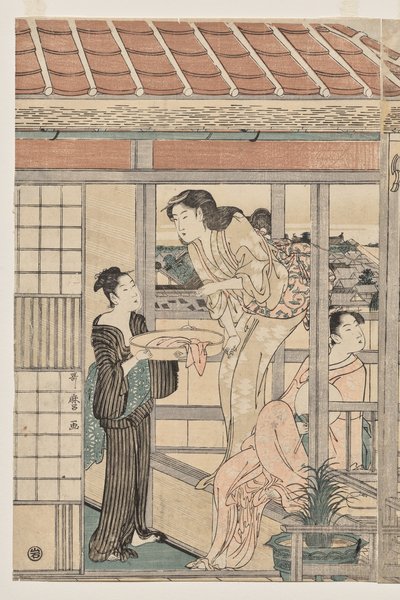 Donne che stendono il bucato su un balcone da Kitagawa Utamaro