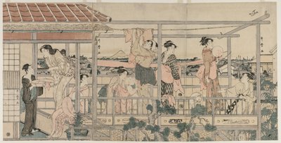 Donne che stendono il bucato su un balcone da Kitagawa Utamaro