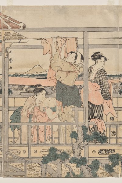 Donne che stendono il bucato su un balcone da Kitagawa Utamaro