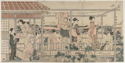 Donne che stendono il bucato su un balcone da Kitagawa Utamaro