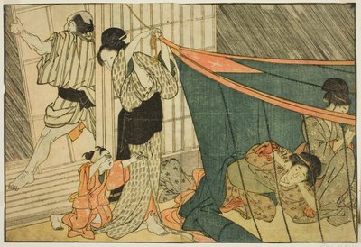 Donne Sotto una Zanzariera Durante un Temporale, dal libro illustrato "Libro Illustrato: Fiori delle Quattro Stagioni (Ehon shiki no hana)," vol. 1 da Kitagawa Utamaro
