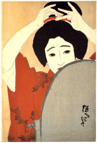 Donna che si aggiusta i capelli davanti allo specchio, 1930 da Kitano Tsunetoni