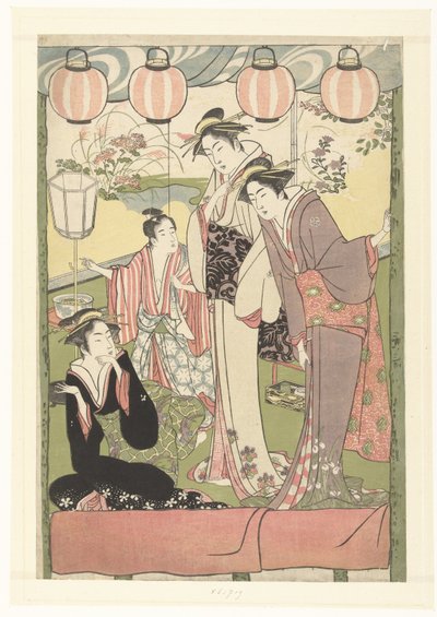Tre donne e un ragazzo sotto le lanterne da Kitao Masanobu (attributed to)