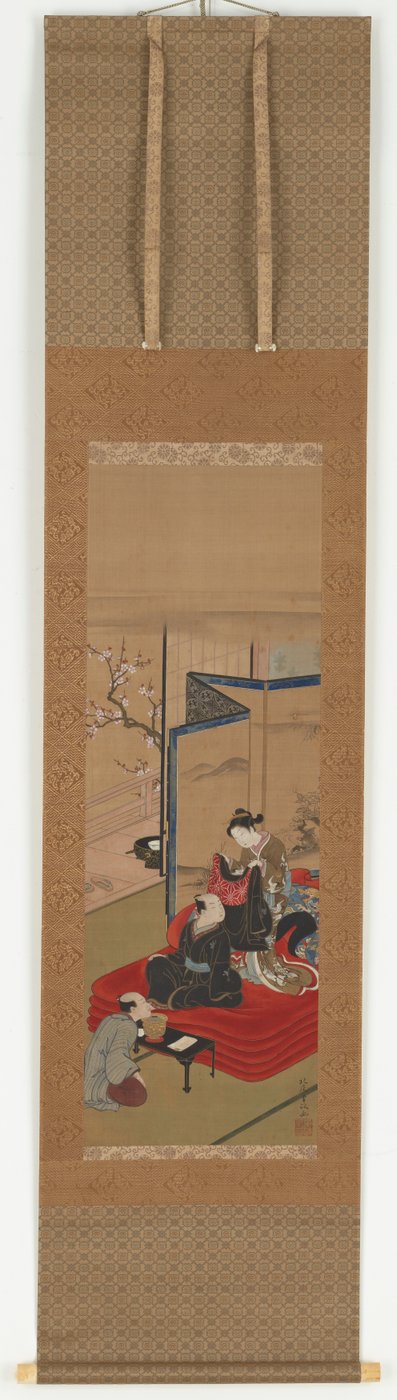 Una cortigiana aiuta un uomo a vestirsi, periodo Edo da Kitao Shigemasa