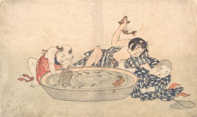 Ragazzi che giocano con una bacinella di pesci e tartarughe da Kitao Shigemasa