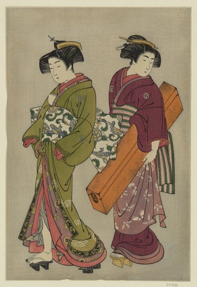Kitao Shigemasa (1777) Geisha e una serva che porta la sua cassetta di shamisen da Kitao Shigemasa