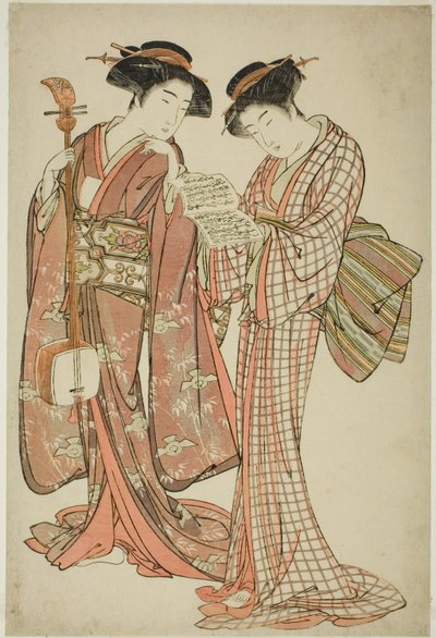 Due geisha che tengono uno shamisen e un libro di canzoni da Kitao Shigemasa