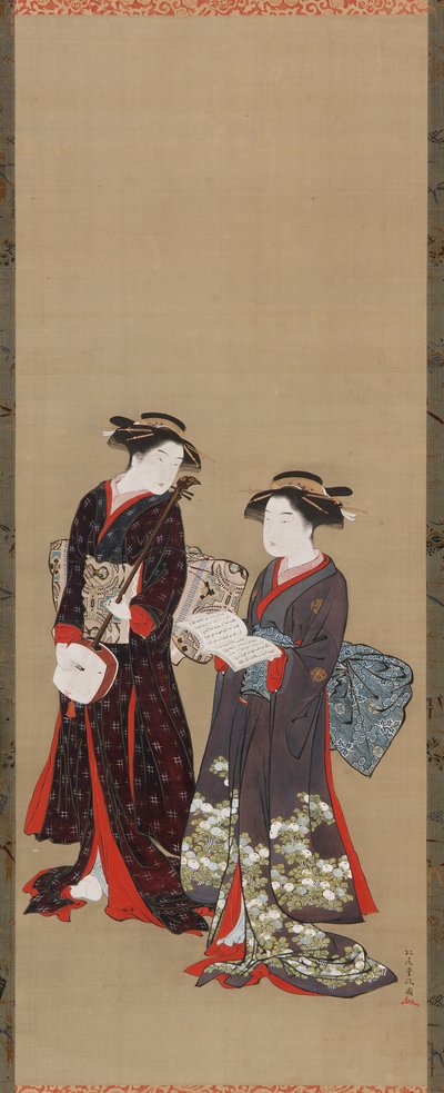 Due ragazze in piedi, una con un libro aperto da Kitao Shigemasa