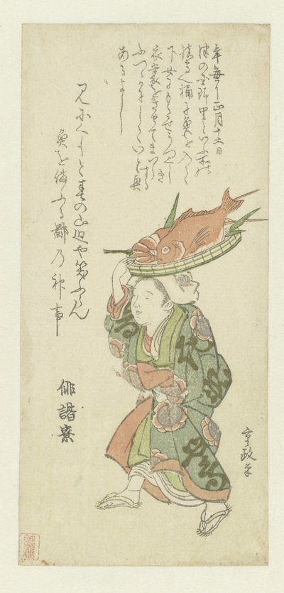 Donna che porta un vassoio di pesce sulla testa da Kitao Shigemasa