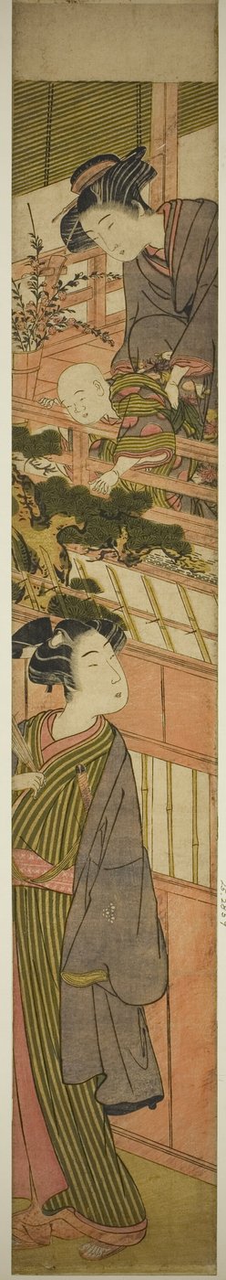 Donne che tengono un ragazzo che si protende verso un giovane sotto da Kitao Shigemasa