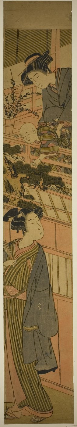 Donne che tengono un ragazzo che si protende verso un giovane uomo sotto da Kitao Shigemasa
