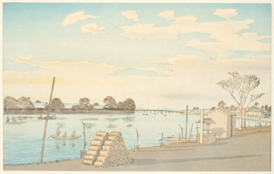 Traghetto con vista sul Monte Fuji, il fiume Okawa da Kiyochika Kobayashi