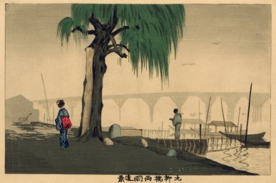Vista su Ryogoku dal ponte Motoyanagi da Kiyochika Kobayashi