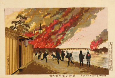 Grande incendio a Ryogoku visto da Hamacho, 26 gennaio 1881 da Kiyochika Kobayashi