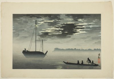 Chiaro di luna tra le nuvole sulla costa di Haneda da Kiyochika Kobayashi