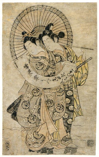 Amanti in piedi nella neve che tengono un foglio di carta su cui è scritto un poema da Kiyohiro Torii