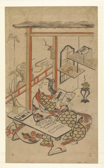 Donna al tavolo, leggendo il Racconto di Genji da Kiyomasu (I) , Torii (attributed to)