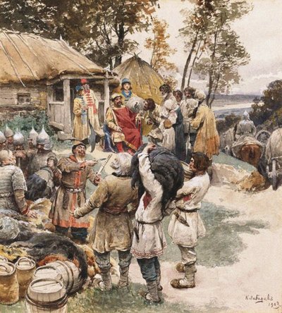 Poliudie Raccogliendo tributi. Igor di Kiev che esige tributi dai Drevlyani, 1903 da Klavdiy Vasilievich Lebedev