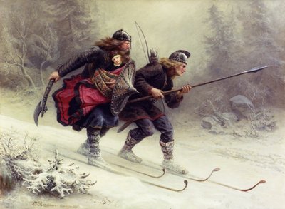 Soldati per il re norvegese Sverre, Torstein Skevla e Skjervald Skrukka che portano il figlio del re Hakon Hakonsson da Knud Bergslien