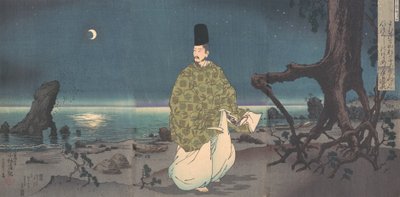 Cortigiano del periodo Heian su una spiaggia illuminata dalla luna, XIX secolo da Kobayashi Kiyochika