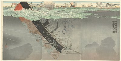 La nostra flotta affonda navi da guerra cinesi durante la battaglia nel Mar Giallo da Kobayashi Kiyochika