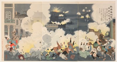 Panico nelle strade della città durante il bombardamento di Port Arthur da Kobayashi Kiyochika