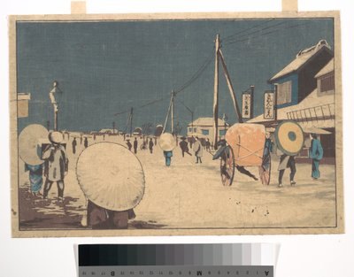Scena di strada alla periferia di Edo in una sera d