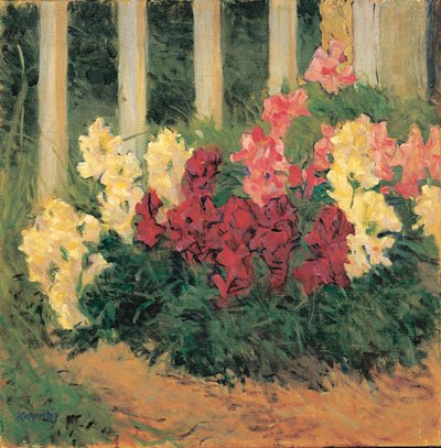 Blumenstrauch vor Gartenzaun - Fiori davanti alla recinzione di un giardino ... (olio su tela) da Koloman Moser