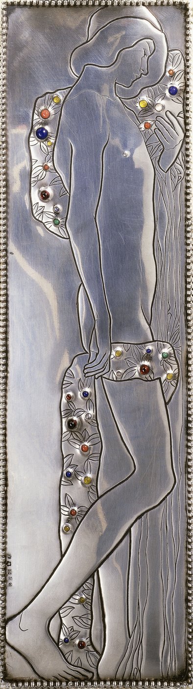 Pannello inserto di un letto singolo bianco della Wiener Werkstätte raffigurante una figura androgina nuda (dettaglio), c.1904 da Koloman Moser