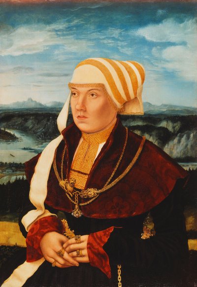 Ritratto di Dorothea von Stralenburg, 26 anni, a tre quarti, in un vestito rosso e nero con ornamenti dorati, davanti a un paesaggio esteso, 1533 da Konrad Faber von Kreuznach