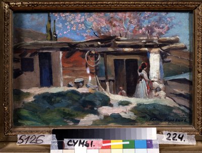 Crimea, i mandorli in fiore. Giovane donna davanti a una piccola casa di legno, sotto i mandorli rosa da Konstantin Alekseevich Korovin