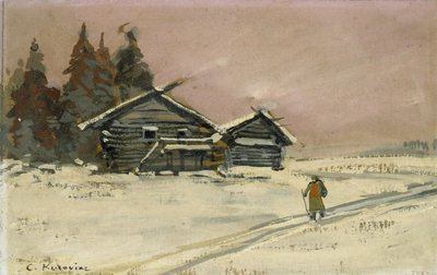 Paesaggio invernale con due capanne di legno da Konstantin Alekseevich Korovin
