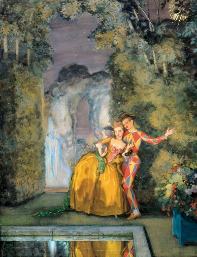 Cameriera con arlecchino, c. 1900 (acquerello) da Konstantin Andreevic Somov