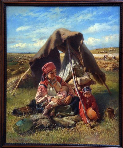 Mietitore. Durante la mietitura, una donna allatta il suo neonato mentre sorveglia un altro bambino poco più grande, sullo sfondo i contadini lavorano nei campi. da Konstantin Egorovich Makovsky