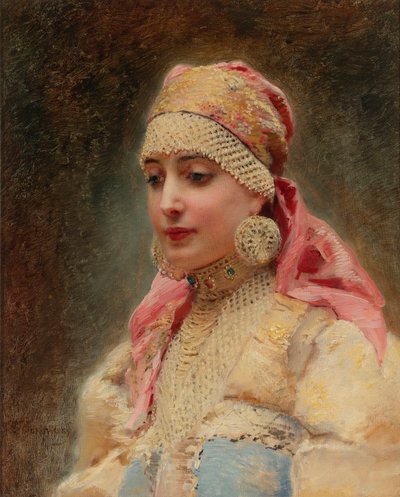 "Ritratto di donna boyarda" - Dipinto di Konstantin Yegorovich Makovsky (1839-1915), olio su tela, circa 1890 da Konstantin Egorovich Makovsky