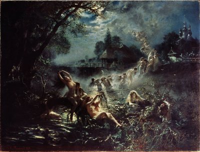 Sirene. La notte, donne nude intrecciano corone in un fiume, poi formano una catena e si sollevano nel cielo prima di mescolarsi alle nuvole. Dipinto di Konstantin Yegorovich Makovsky da Konstantin Egorovich Makovsky