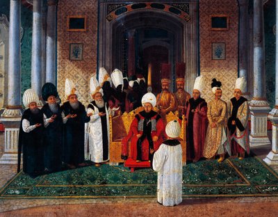 Selim III (1761-1808) che riceve dignitari sotto il baldacchino della Porta della Felicità a Topkapi, (dettaglio) da Konstantin Kapidagli