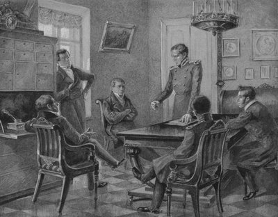 Discorso di Pavel Pestel alla riunione della Società del Nord dei Decabristi a Pietroburgo da Konstantin Mikhailovich Goldstein