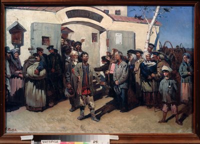 Ritorno alla libertà. (Liberazione dei prigionieri di un penitenziario, i loro occhi sono fissi verso il cielo e una folla commossa li attende). Pittura di Konstantin Petrovich Pyneev (1868-1922), olio su tela. Arte russa da Konstantin Petrovich Pyneev