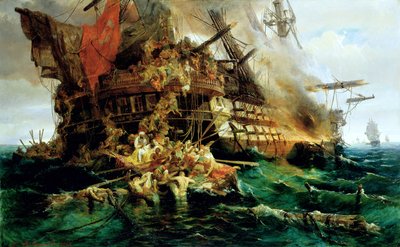 Una nave da guerra turca in fiamme da Konstantinos or Constantin Bolanachi