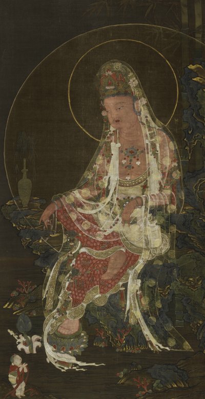 Rotolo appeso raffigurante il Bodhisattva Avalokiteshvara (Kwanseŭm Posal) seduto in un Giardino del Paradiso, dinastia Koryŏ da Korean School