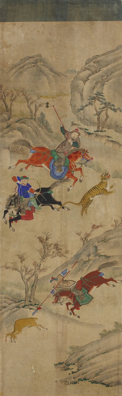 Scena di caccia (3 cavalieri che cacciano cervi e tigre) da Korean School