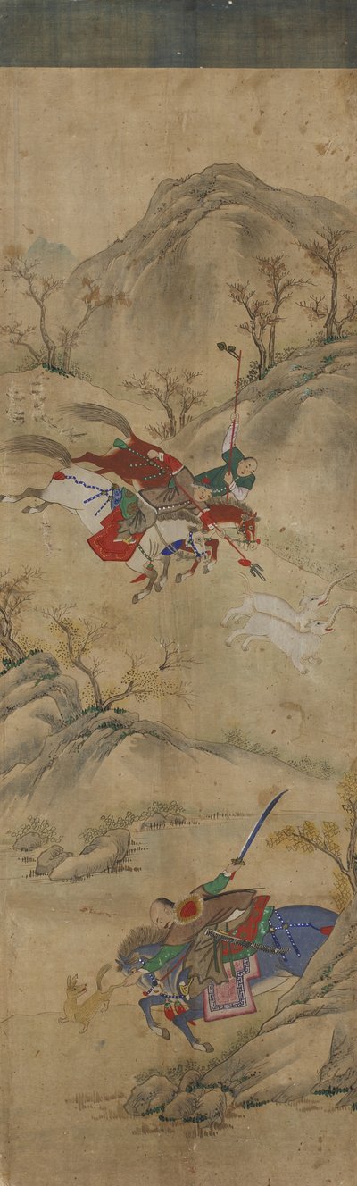 Scena di caccia (3 cavalieri con coniglio e animali mitici) da Korean School