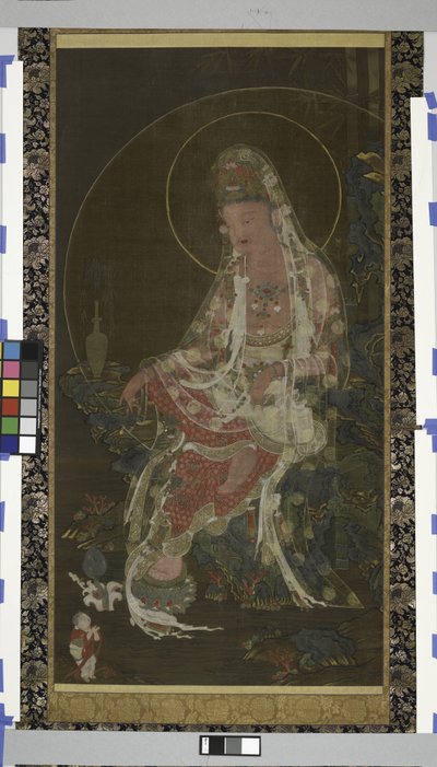Bodhisattva Avalokiteshvara (Kwanseûm Posal) con ramo di salice seduto in un giardino paradisiaco, Dinastia Koryo da Korean School