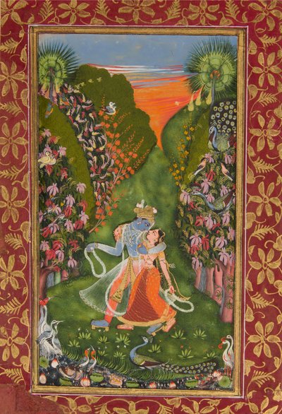 Radha e Krishna passeggiano in un boschetto fiorito recto, Krishna che suona il flauto verso, c. 1720 r, c. 1750-75 v da Kota Master