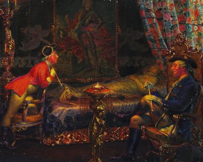 Struensee e Caroline Mathilde al corpo morto della Regina Sofie Magdalene, 1910 da Kristian Zahrtmann