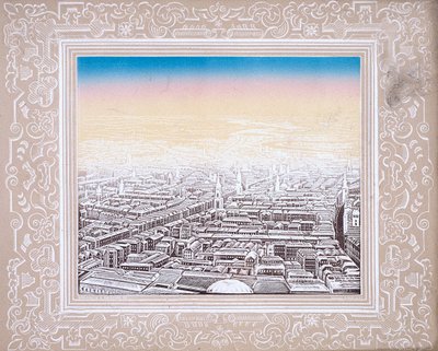Veduta aerea di Londra incorniciata in un bordo decorativo da Kronheim and Co