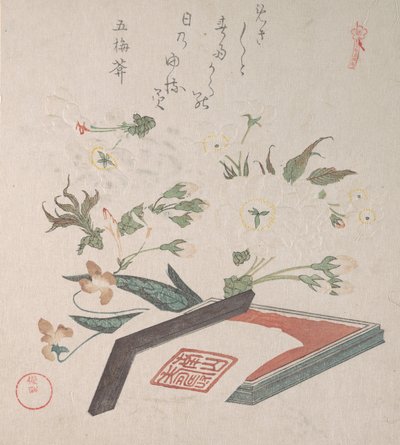 Fiori di ciliegio e scatola per sigilli con inchiostro e righello da Kubo Shunman